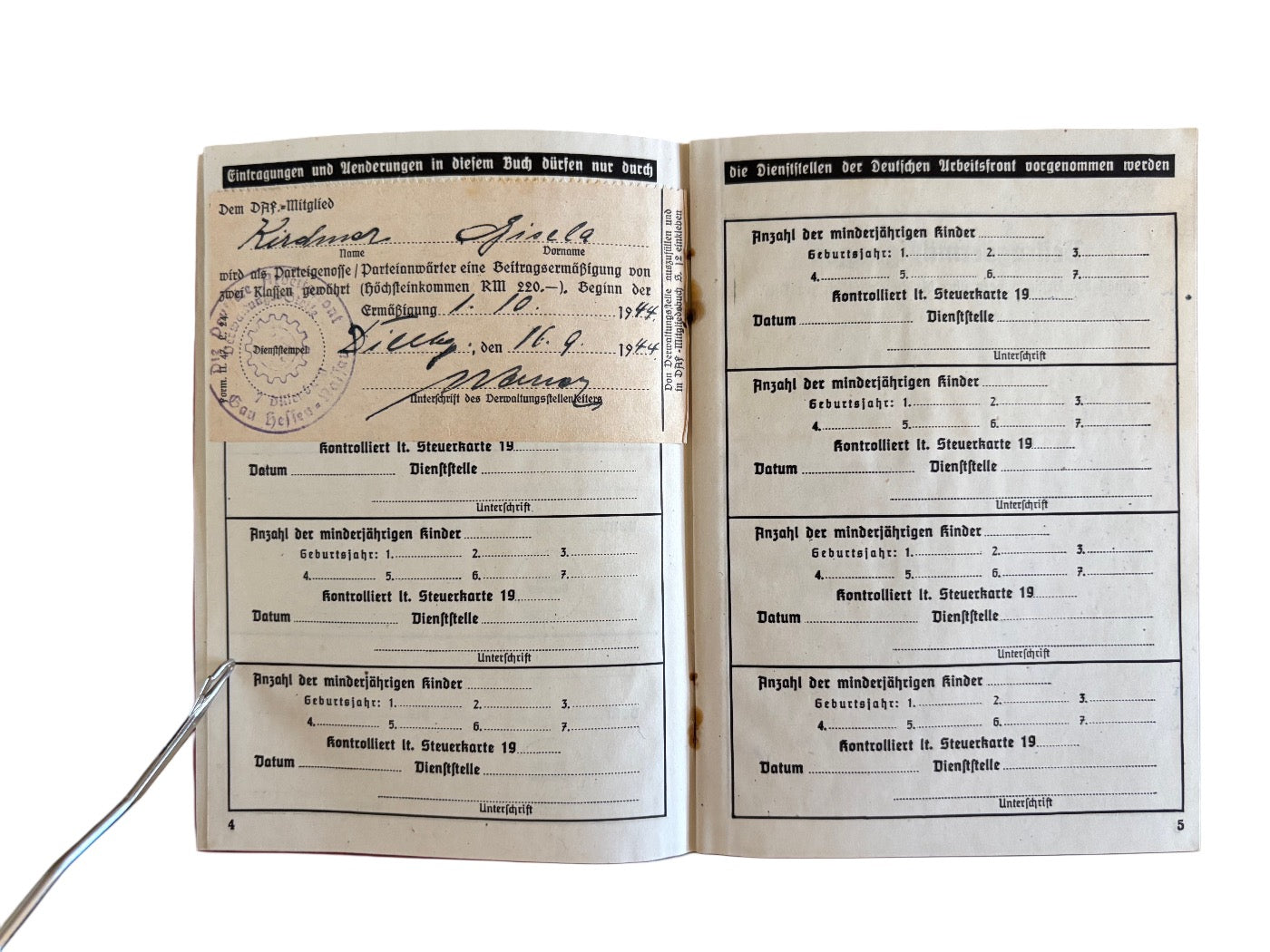 Carnet de membre du DAF - Deutsche Arbeitsfront 1944