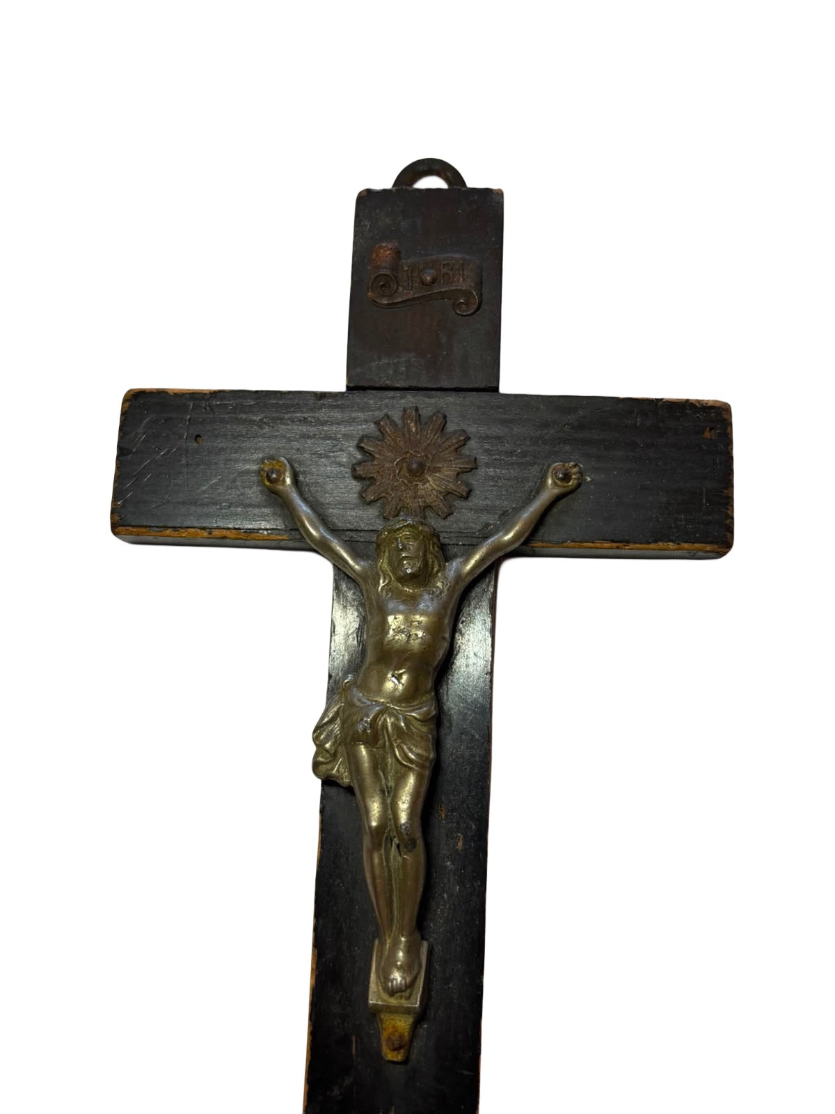 Antiek houten crucifix met metalen corpus – ca. 1820–1860