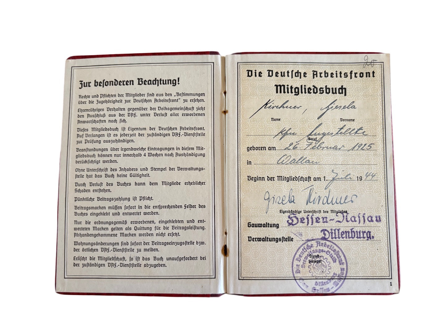 Carnet de membre du DAF - Deutsche Arbeitsfront 1944