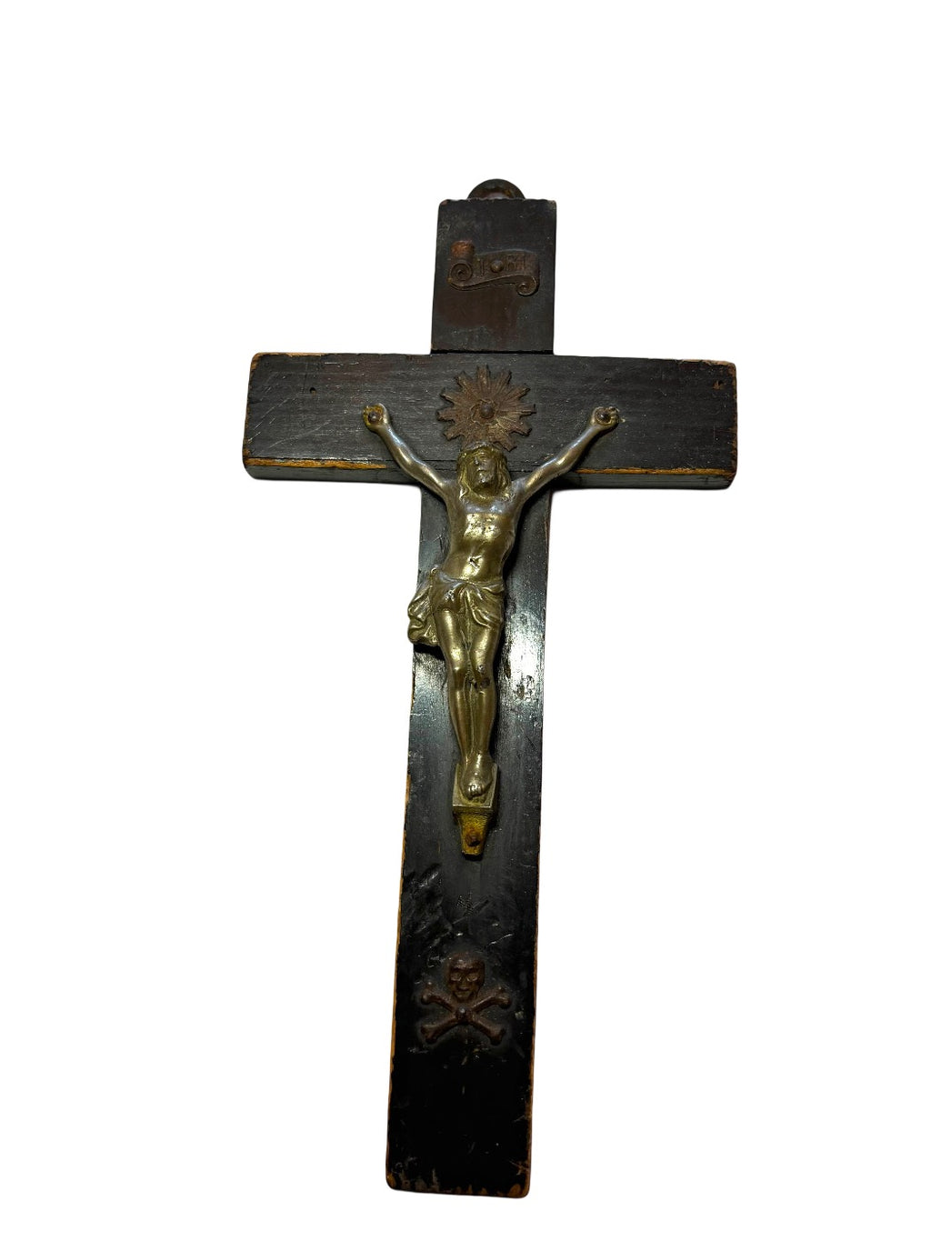 Antiek houten crucifix met metalen corpus – ca. 1820–1860