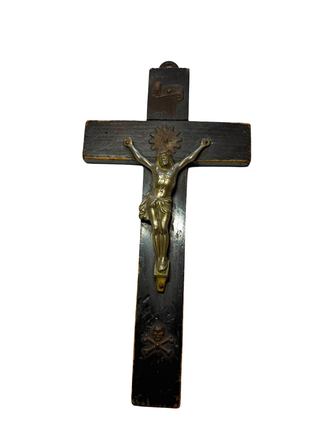 Antiek houten crucifix met metalen corpus – ca. 1820–1860