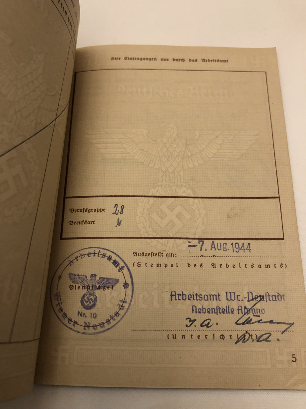 Deutsches Reich Arbeitsbuch Wiener Neustadt