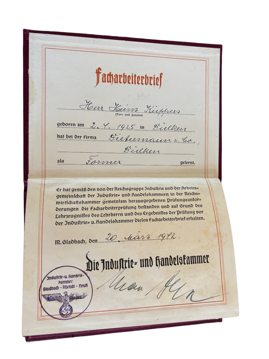 Skilled Worker Certificate Industry and Commerce Chamber Glabbach 1942