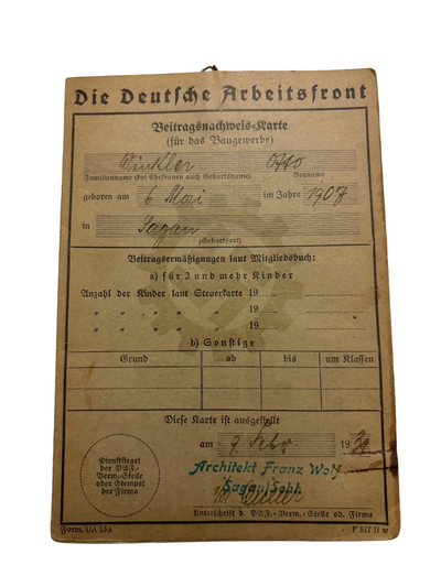 Beitragsnachweis Karte 1939