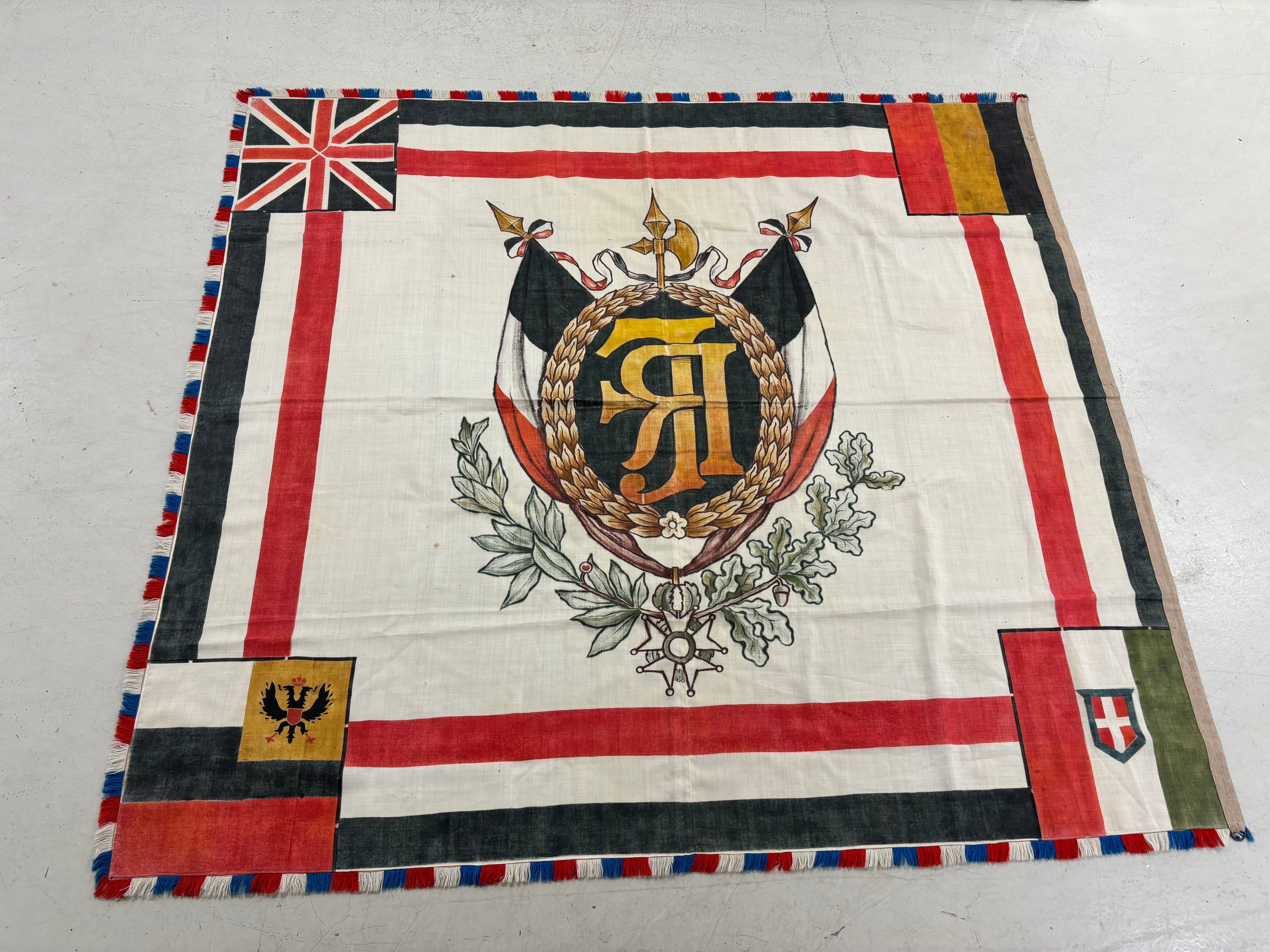 Uniek zeldzaam WO1 handgeschilderd herdenkingsvaandel linnen 2 x 2,15 M